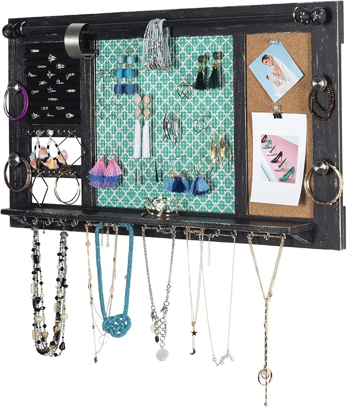 Large Rustic Wall Mounted Jewelry Organizer: 28"x16" Shabby Chic Jewelry Box Alternative Hanging Jewelry Organizer for Earings Necklaces Bracelets Accessories Bangles and Ring Holder (Black)