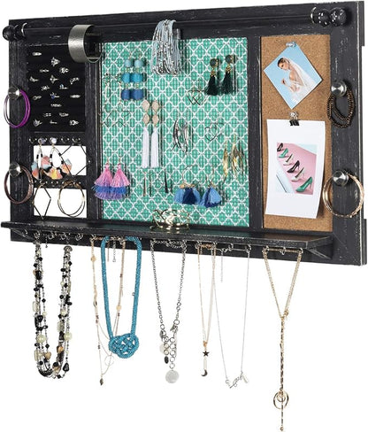 Large Rustic Wall Mounted Jewelry Organizer: 28"x16" Shabby Chic Jewelry Box Alternative Hanging Jewelry Organizer for Earings Necklaces Bracelets Accessories Bangles and Ring Holder (Black)