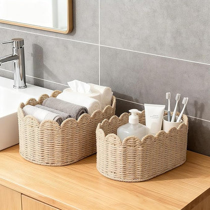 Set of 2 Scalloped Basket, Wicker Storage Baskets, Hand Woven Baskets for Shelves,Natural Baskets for Organizing (Ellipse-16"L x 10"W x 7"H)