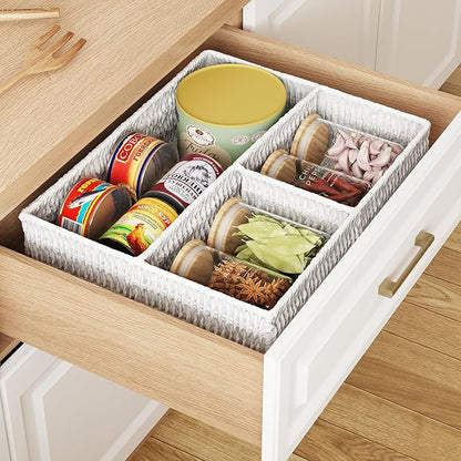 Vagusicc Wicker Divided Storage Basket, White Wicker Baskets, Basket for Shelves Drawer Organizing, 3 Section Rectangular Woven Storage Baskets, 2-Pack