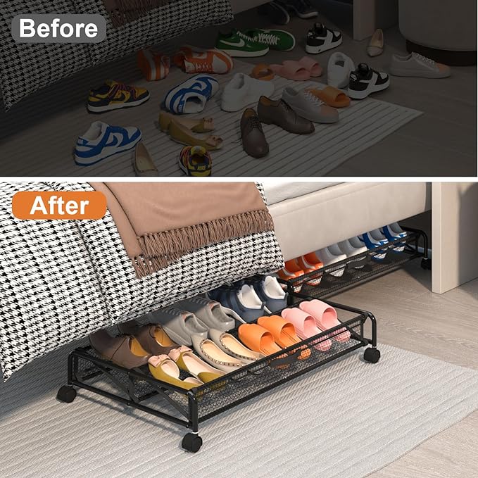 Under Bed Shoes Storage, 2 Pack Rolling Under-bed Storage Containers with Wheels, Under Bed Shoe Organizer Breathable Mesh Fabric with Metal Frame