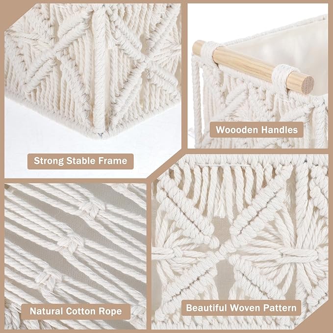 Kifmurase Macrame Storage Baskets 2PCS, Boho Woven Decorative Basket for Organizing with Handle, Countertop Toilet Paper Storage Container for Tank Bedroom Nursery Livingroom Entryway(White)
