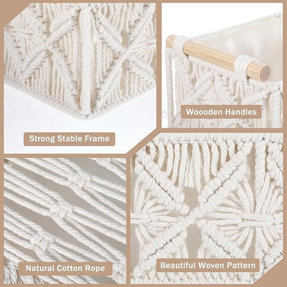 Kifmurase Macrame Storage Baskets 2PCS, Boho Woven Decorative Basket for Organizing with Handle, Countertop Toilet Paper Storage Container for Tank Bedroom Nursery Livingroom Entryway(White)