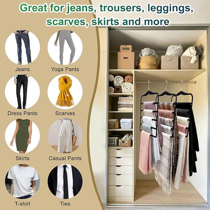 Closet Organizers and Storage, 3 Pack Pants-Hangers-Space-Saving, Velvet Non Silp 5 Tier Scarf Jeans Closet Organizer,Dorm Room Essentials for College Students Girls Boys Guys,Organization and Storage