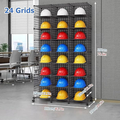 Stackable Safety Helmet Storage Boxes, Large Adjustable Hard Hat Placement Organizer Rack with Wheels for Construction Site/Garage/Workshop/Factory Helmet Display Shelf (3 * 8)