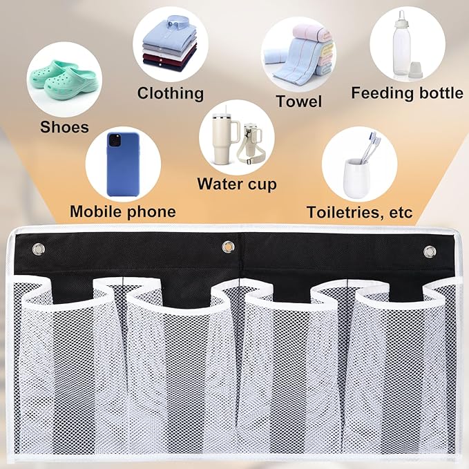 Pndeyo Bed Hanging Shoe Organizers with 3pcs Hooks, 4 Mesh Pocket Bedside Hanging Shoes Holder, Behind Door Storage Pockets for RV Dorm Entryway Bedroom Closet