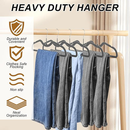 Pants Hangers Non Slip, 30 Pack Velvet Hangers for Closet with 30 Hooks, Slimline Space Saving Pants Hanger, Strong Durable Space Saving Flocked Hangaers for Pants/Shirts/Bra/Shorts (Grey-M-Shape)