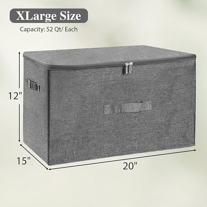 ANMINY Storage Bins with Zipper Lids 51.9 Qt Lidded Fabric Storage Boxes Baskets Cubes with Handles Collapsible Washable Cotton Linen Closet Shelf Clothes Organizer - Gray, Extra Large