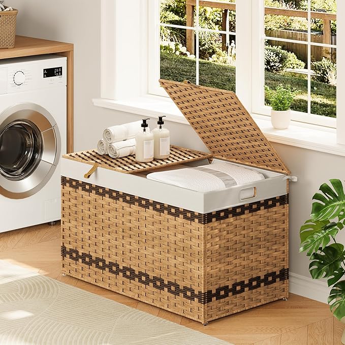HOOBRO Storage Basket with Lid, 42.3 Gallon (160L) Wicker Storage Basket with 2 Separate Lid, Blanket Storage Bin with 2 Removable Liner Bags, for Bedroom, Laundry, Natural and Brown NL276CW01
