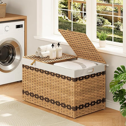HOOBRO Storage Basket with Lid, 42.3 Gallon (160L) Wicker Storage Basket with 2 Separate Lid, Blanket Storage Bin with 2 Removable Liner Bags, for Bedroom, Laundry, Natural and Brown NL276CW01