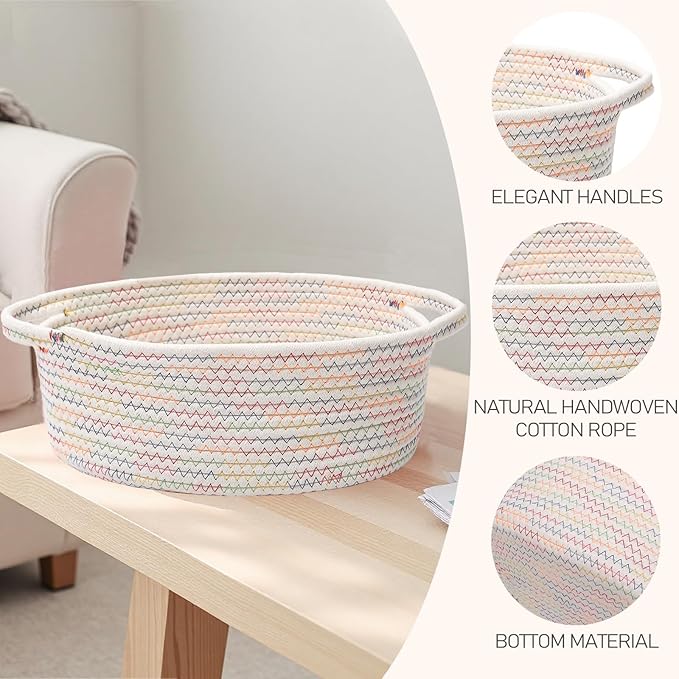 JMvicyroam Woven Basket,Small Rope Storage Bin with Handles & Ribbon Bag, Organizer for Shelves Closets,Gift Basket Empty for Birthday,Books,Dog Toys, Colorful/2 Pack