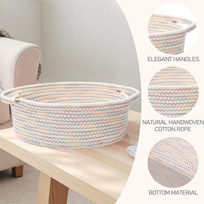 JMvicyroam Woven Basket,Small Rope Storage Bin with Handles & Ribbon Bag, Organizer for Shelves Closets,Gift Basket Empty for Birthday,Books,Dog Toys, Colorful/2 Pack
