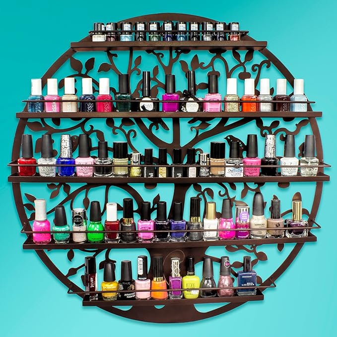 Sorbus® Wall Mounted 5 Tier Nail Polish Rack Holder - Tree Silhouette Round Metal Salon Wall Art Display (Bronze)