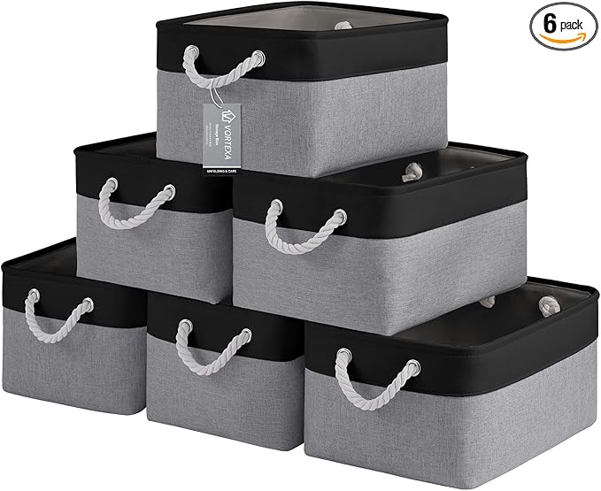 Large Storage Baskets- 15.7x11.8x8.26 inch Storage Bins for Shelves and Closet Organizing, Foldable Fabric Bin for Home Organization Clothes and Laundry (6-Pack, Black&Gray)