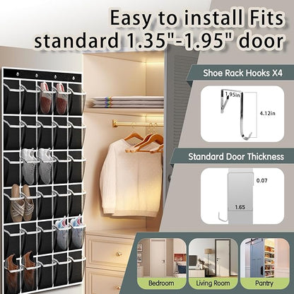 Kotkn Over the Door Shoe Organizer with 30 Breathable Mesh Pockets - Large Capacity Closet Storage for Men & Women, Hanging Shoe Rack Organizer (Black, 30-Pocket)