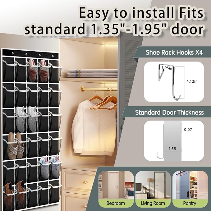 Kotkn Over the Door Shoe Organizer with 30 Breathable Mesh Pockets - Large Capacity Closet Storage for Men & Women, Hanging Shoe Rack Organizer (Solid black)