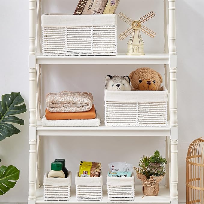 Vagusicc Wicker Storage Basket, Hand-Woven Paper Rope Woven Baskets, Rectangular Small Wicker Baskets for Organizing, Cube Storage Bins for Closet/Clothes/Dresser, White, 5-Pack