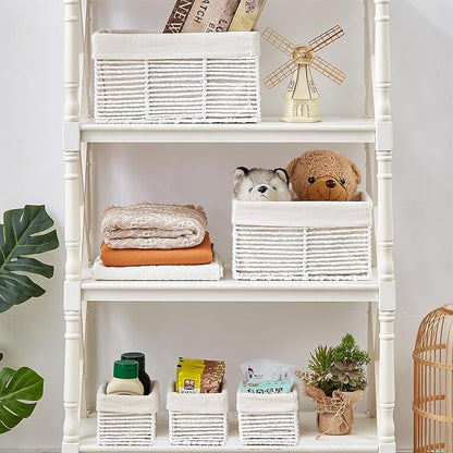 Vagusicc Wicker Storage Basket, Hand-Woven Paper Rope Woven Baskets, Rectangular Small Wicker Baskets for Organizing, Cube Storage Bins for Closet/Clothes/Dresser, White, 5-Pack