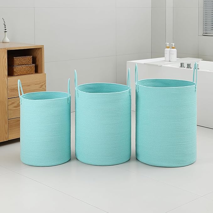 Laundry Basket Hamper Tall Rope Storage Woven for Blanket toys Dirty Clothes in Living Room Bathroom Bedroom (Cyan, 100L/26.4Gal)