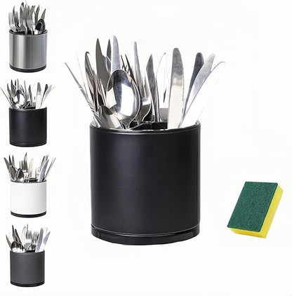 LIBODOUR Utensil Holder,360°Rotating Kitchen Utensil Holder For Counter,Cooking Silverware Organizer Stainless Steel Caddy Flatware Spoon Spatula Tool Cutlery Container