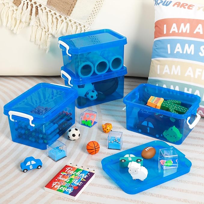 6 Pack 4 Quart Colorful Plastic Storage Bins with Lids Stackable Storage Bins with Latching Lids Handle Clear Colored Storage Organizer Bins for Home Office Pantry Containers(Blue)