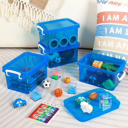 6 Pack 4 Quart Colorful Plastic Storage Bins with Lids Stackable Storage Bins with Latching Lids Handle Clear Colored Storage Organizer Bins for Home Office Pantry Containers(Blue)