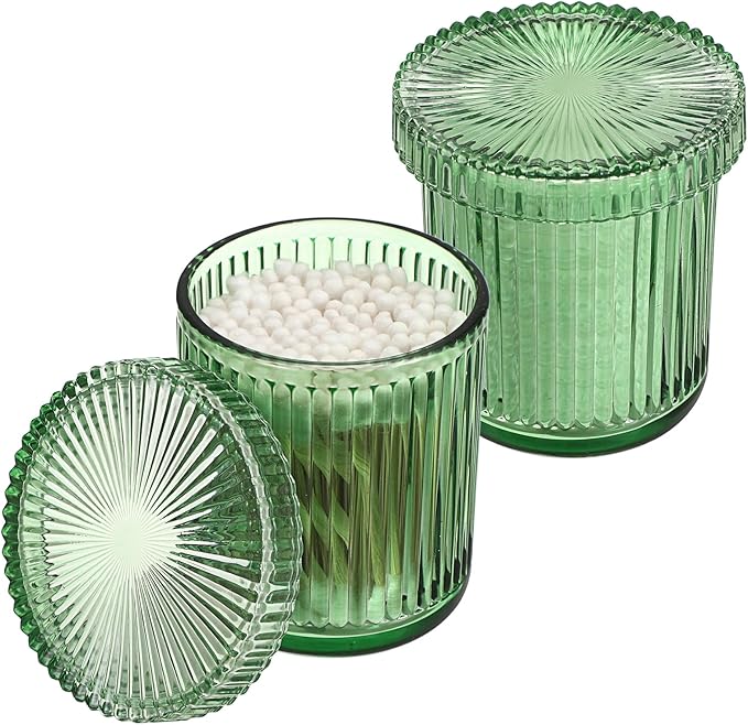 Hipiwe 2 Pcs Qtip Holders Bathroom Dispenser Glass Apothecary Jars with Lids Cotton Swab Holder Bathroom Canisters for Cotton Swabs Balls Round Pad, Vanity Organizer and Storage Decor, Green