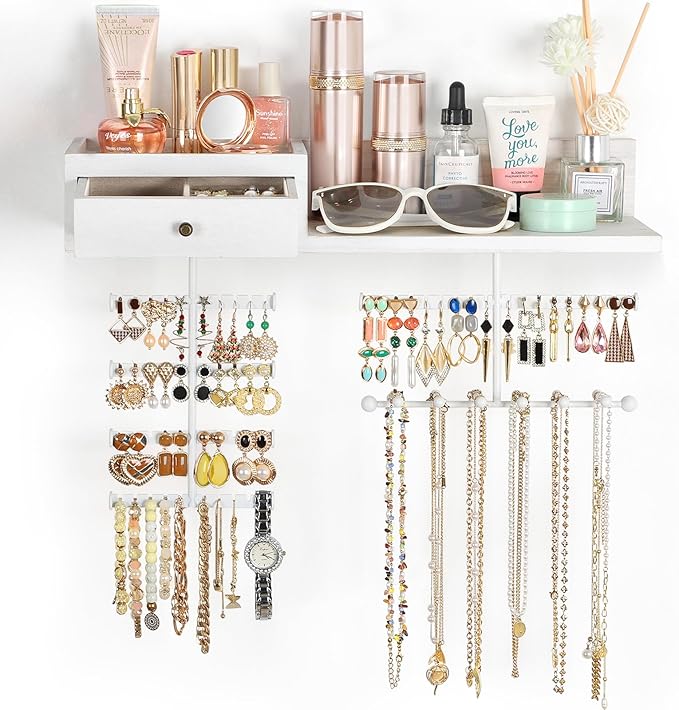 VINAEMO Jewelry Organizer Hanging Wall Mounted Jewelry Holder with Rustic Wood Drawer & Large Capacity Storage Shelf Rack Display for Earrings Rings Necklaces Bracelet(White Iron)