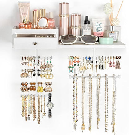 VINAEMO Jewelry Organizer Hanging Wall Mounted Jewelry Holder with Rustic Wood Drawer & Large Capacity Storage Shelf Rack Display for Earrings Rings Necklaces Bracelet(White Iron)
