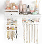 VINAEMO Jewelry Organizer Hanging Wall Mounted Jewelry Holder with Rustic Wood Drawer & Large Capacity Storage Shelf Rack Display for Earrings Rings Necklaces Bracelet(White Iron)