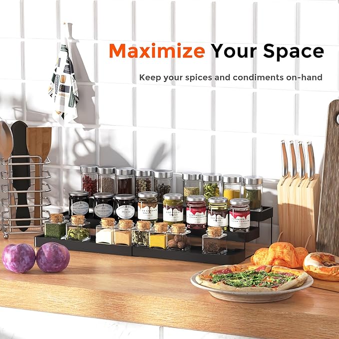 Expandable Spice Rack Organizer - 3 Tier Adjustable Spice Organizer for Cabinet & Countertop - Easy Visibility - Black