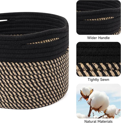 MiniArk Small Basket for Organizing | Cube Shelf Closet Storage Baskets | 9.7×9.7×7.1” | Woven Rope Gift Basket | Nursery | Round 3 Packs Black Brown