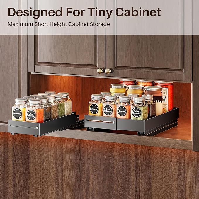 SNTD Pull Out Spice Rack for Upper Cabinet - Expandable Organizer with Smooth Ball Bearing Slides, No Drill Mounting Spice Storage for Kitchen (2 Pack, 4.1" to 7.2" W X 10" D X 2.2" H)