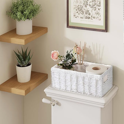 Vagusicc Wicker Storage Basket, Set of 2 Hand-Woven Paper Rope Wicker Baskets for Organizing Decor Storage Bins for Counter Shelves Pantry Basket Small Toilet Paper Basket for Toilet Tank Top, White