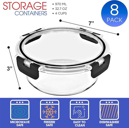 Sorbus 16pc Glass Meal Prep Containers Set – 8 Round 32oz Containers with Airtight Lids – Freezer, Dishwasher, Oven Safe – Reusable Food Storage Bowls, 4 Cup Capacity for Meal Prep and Storage
