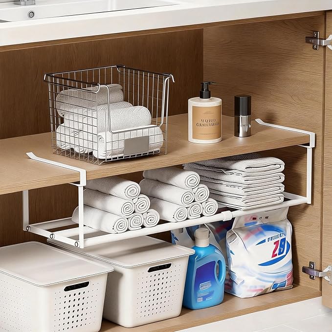 UFORU Expandable Hanging Shoe Rack Organizer for Closet, Adjustable Shoe Rack Under Cabinet Shelf, Versatile Under Shelf Storage for Kitchen, Book, Clothing Storage and Organization(White,2PCS)