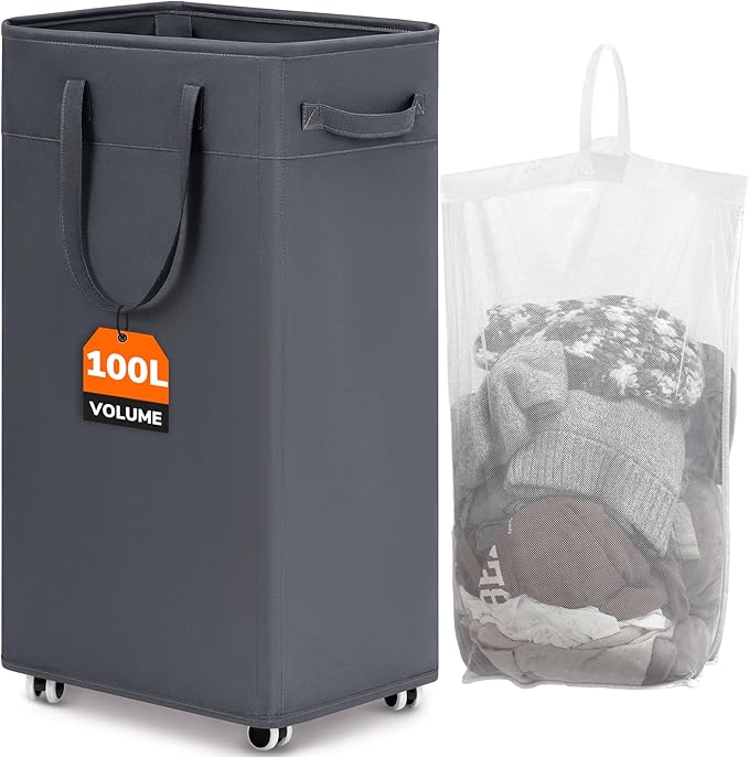 CHICVITA 100L Rolling Laundry Basket with Wheels, Large Collapsible Laundry Hamper with Removable Wash Bag Space for Corner Dorms, Grey