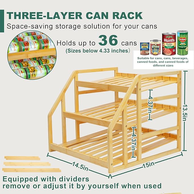 MinBoo Bamboo Can Rack Organizer, 3 Tier Stackable Can Storage Dispenser, for Food Storage,Canned Goods Organizer for Kitchen Cabinets or Pantry,Storage for 36 Cans