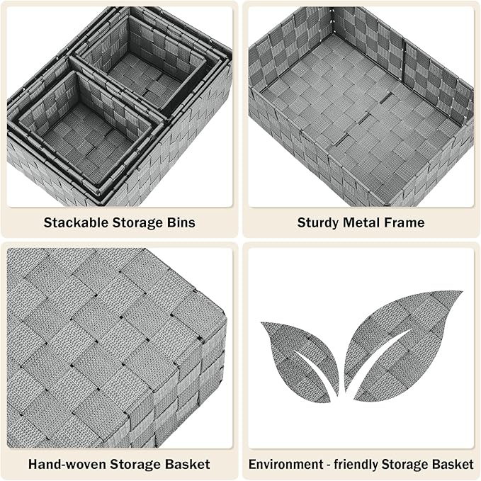 Woven Storage Baskets, Storage Bins, Cube Basket Container Baskets Storage Boxes Organizers for Clothes/Shelves/Closet, Set of 6 (Grey)
