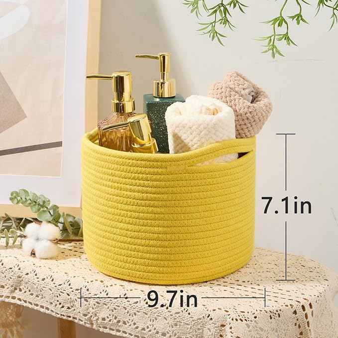 MiniArk Small Basket for Organizing | Cube Shelf Closet Storage Baskets | 9.7×9.7×7.1” | Woven Rope Gift Basket | Nursery | Round 3 Packs Yellow