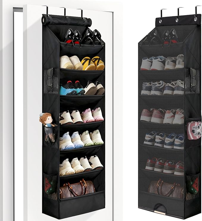 7 Tier Over The Door Shoe Organizer, Hanging Shoe Rack for Closet with Dustproof Mesh Curtain & 6 Side Pockets, Behind The Door Narrow Shoe Holder Hanger for Sneakers, Boots (Black)