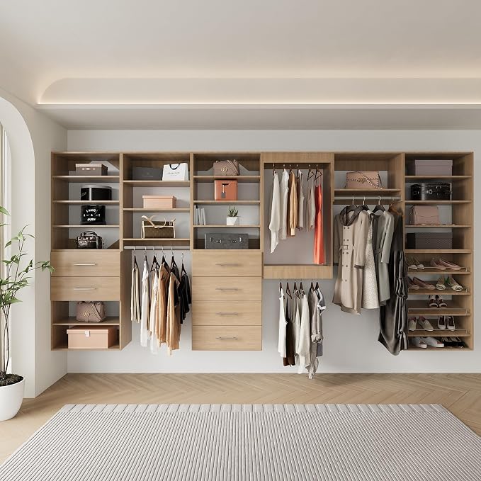 Modular Closet Organizer, 90" Wide Wardrobe Tower System with Towers and Hanging, Wall Mounted, Bedroom, Wood