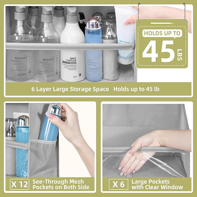 Over Door Organizer with 6 Extra Large Pockets and 12 Side Pockets, Large Capacity Hanging Storage Organizer with Clear Window for Shoes, Diapers, Grey, 6 Layers, 1-Pack