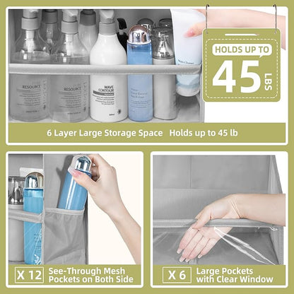 Over Door Organizer with 6 Extra Large Pockets and 12 Side Pockets, Large Capacity Hanging Storage Organizer with Clear Window for Shoes, Diapers, Grey, 6 Layers, 2-Pack