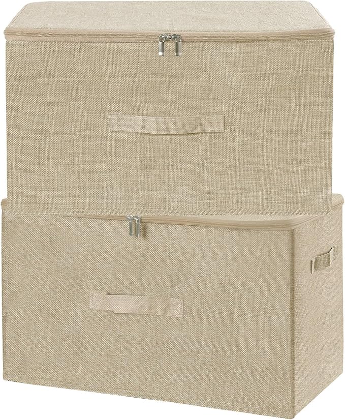 ANMINY 2PCS Storage Bins with Zipper Lids 51.9 Qt Lidded Fabric Storage Boxes Baskets Cubes with Handles Collapsible Washable Cotton Linen Closet Shelf Clothes Organizer - Beige, Extra Large