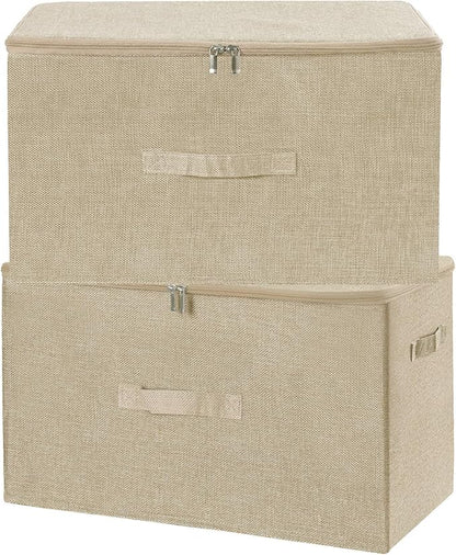 ANMINY 2PCS Storage Bins with Zipper Lids 51.9 Qt Lidded Fabric Storage Boxes Baskets Cubes with Handles Collapsible Washable Cotton Linen Closet Shelf Clothes Organizer - Beige, Extra Large