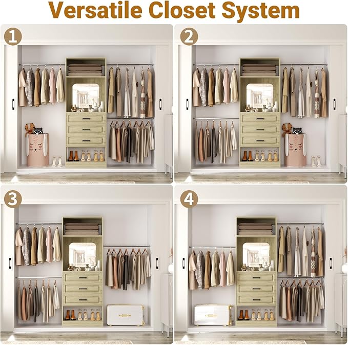 Unikito 48" W - 96” W Closet System with Mirror, 8FT Walk in Closet Organizer with Drawers and 3 Extendable Hanging Rod, Sturdy Wood Clothing Garment Rack with 25” Tower, Max Load 1000 LBS, White Oak
