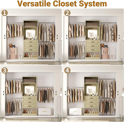 Unikito 48" W - 96” W Closet System with Mirror, 8FT Walk in Closet Organizer with Drawers and 3 Extendable Hanging Rod, Sturdy Wood Clothing Garment Rack with 25” Tower, Max Load 1000 LBS, White Oak