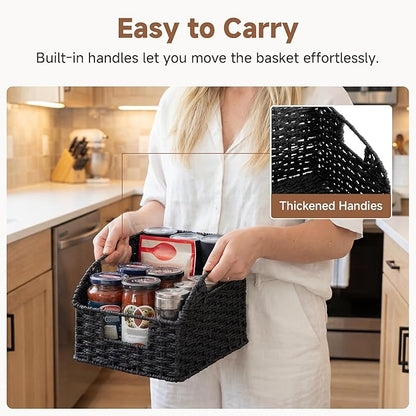 StorageWorks Pantry Organizers and Storage, Wicker Baskets with Handles, Pantry Baskets for Shelves, Paper Rope, Black， 2 Pack