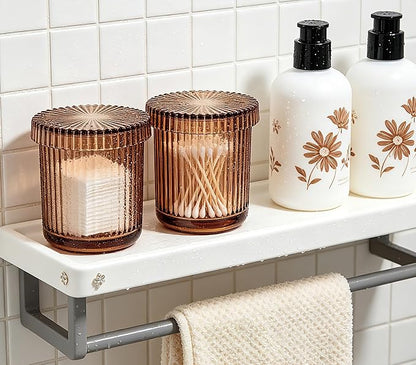 2 Pack Glass Qtip Holder Dispenser Set - Bathroom Organizer for Cotton Swabs, Balls, Pads, Floss Picks - Clear Apothecary Jars for Vanity, Makeup Storage, Bathroom Accessories Decor (Brown)